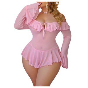 1654 Plus Size Long Sleeve Lingerie Ruffle Mesh Sheer Babydoll Nightgown